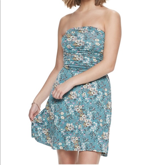 SO Dresses & Skirts - Blue Floral Fit and Flare Ruched Strapless Dress